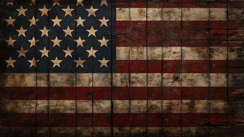 Weathered American flag painted across rustic wooden boards.