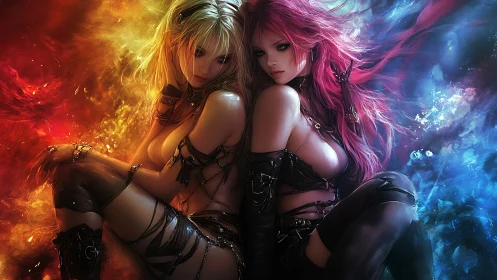 Fantasy warrior women framed by fiery red and cool blue light.