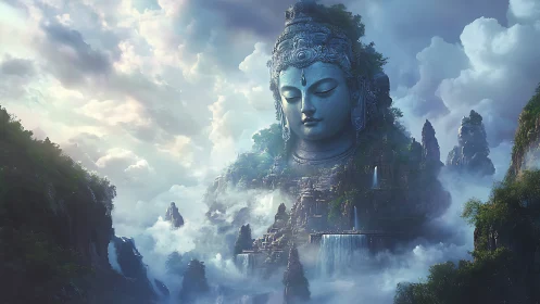 Colossal serene stone deity head amid misty mountains.