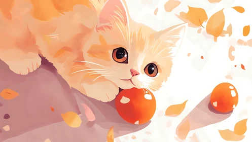 Whimsical Cat Enchanted by Floating Autumn Wonders.