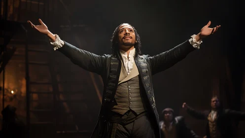 Stage actor delivers emotional gesture under warm spotlight