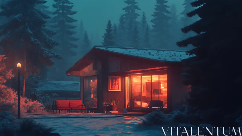 Midnight cabin emberlight in a mist-drenched pine forest.