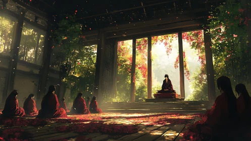 Monks gathered in forest hall around seated master figure.