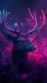 Neon-lit stag portrait rendered with high-contrast digital lighting