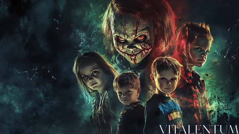 Haunted children stand defiant beneath a grinning nightmare.