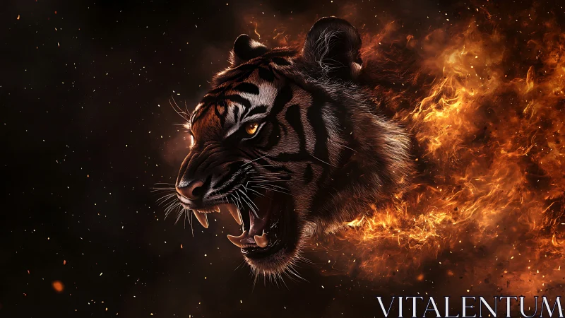 Tiger head rendered in fire against dark background.