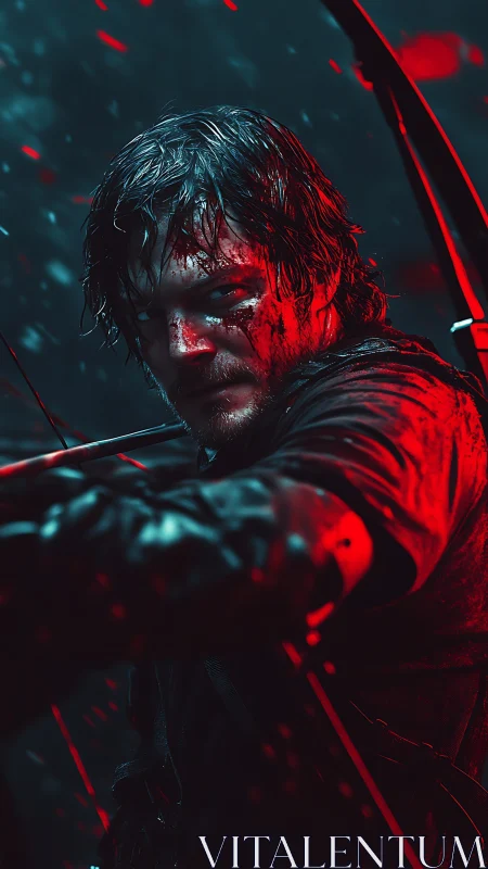 Battle-hardened archer aims under blood-red rainstorm.