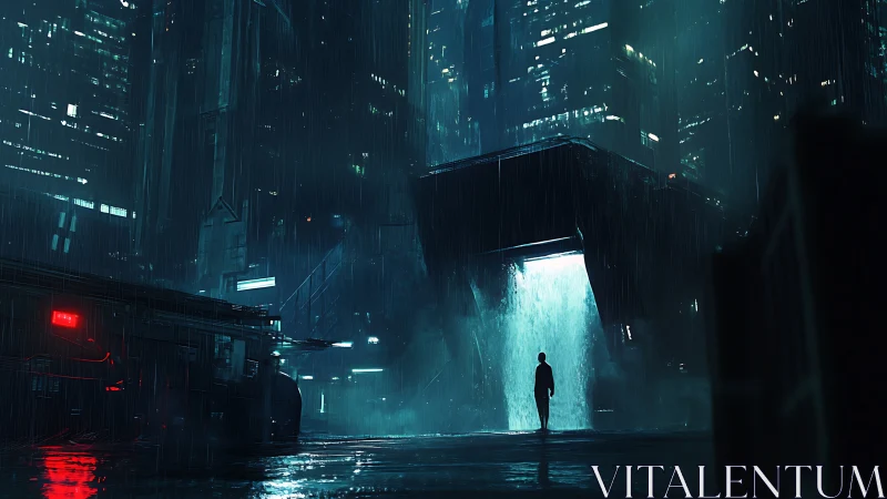 Solitary figure under neon waterfall gate in rainy megacity