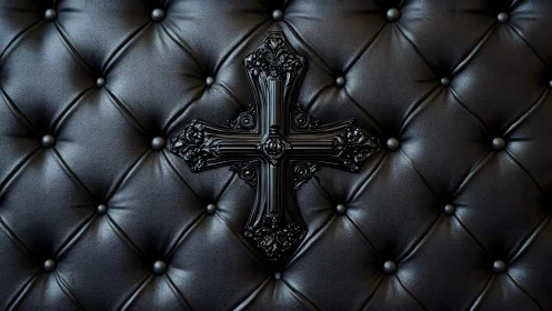 Ornate black cross on tufted leather background, gothic style.