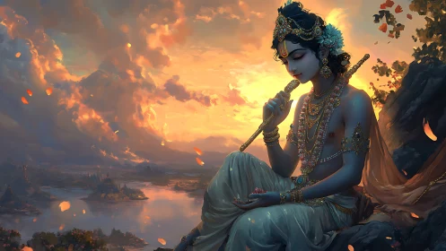 Sunset serenade of a divine flute player by quiet waters.