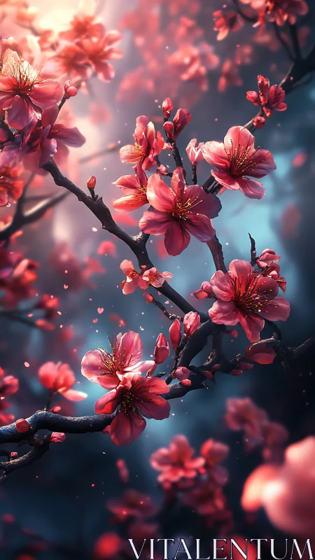 Cherry blossoms on dark branch with diffused light.