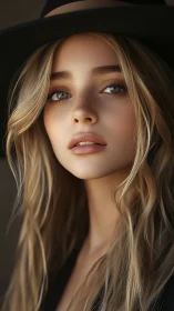 Soft-lit portrait of blonde woman in wide-brimmed hat.