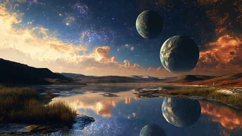 Dual exoplanets above reflective alien wetland basin.