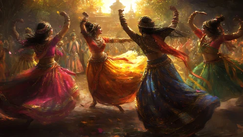Joyful festival dancers swirling in sunlit color and rhythm.