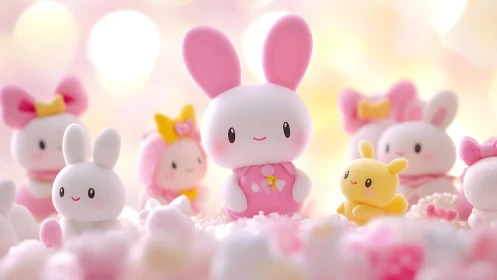 Toy rabbit figures are arranged in a soft-focus pastel scene