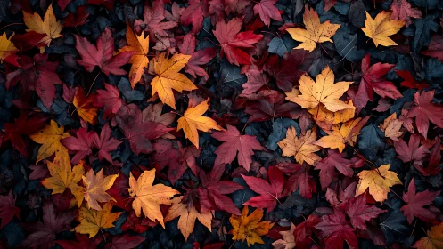 Autumn maple leaves in rich red and gold carpet pattern.