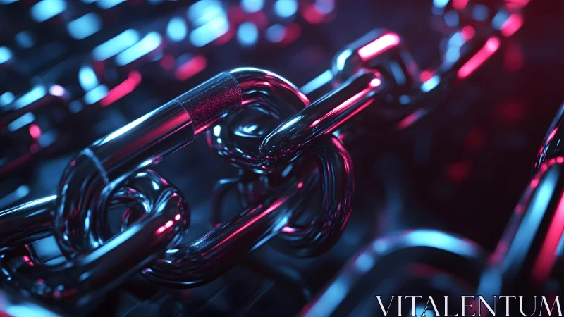 Close-up of Metallic Chain Links with Neon Lighting, Modern Style.