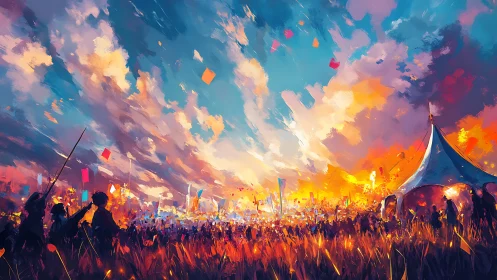 Crowd gathers at outdoor festival under vivid painted sky