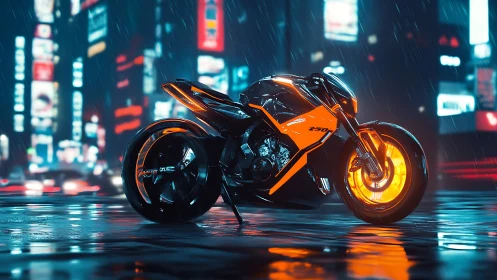 Neon storm motorcycle hums through rain glazed future streets