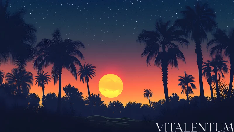 Moonrise over ember horizon in whispering palm jungle.