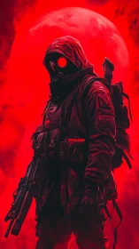 Tactical gas‑mask operative under red backlit lunar haze
