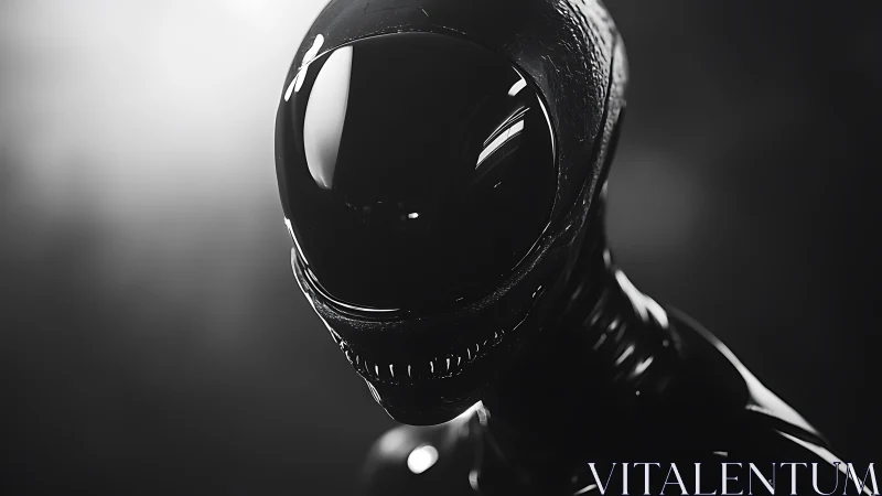 Specular black alien helmet with reflective visor and ribbed neck