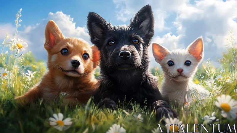 Three Joyful Puppies Among Summer Wildflowers.