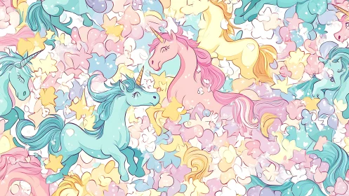 Pastel unicorn pattern fills dense dreamy cloud field