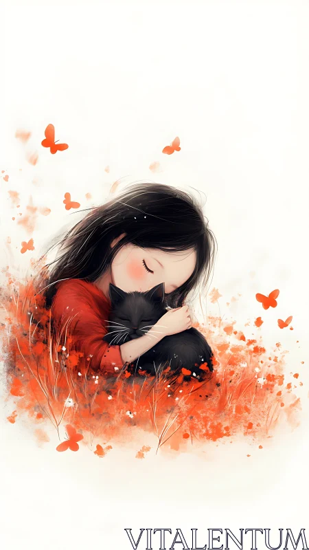 Girl embraces her black cat in a dreamy red meadow glow