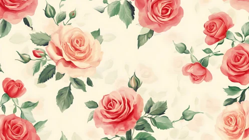 Vintage floral pattern with blush and coral roses.