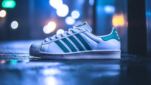 Low angle sneaker product shot on wet urban street at night