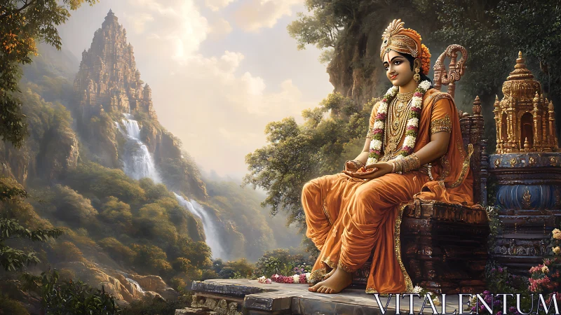 Seated deity figure before mountain waterfall temple setting.