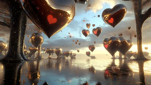 Floating Love Balloons Rise Over Magical Water Landscape