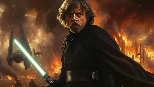 Jedi warrior in burning sci fi battlefield digital portrait.