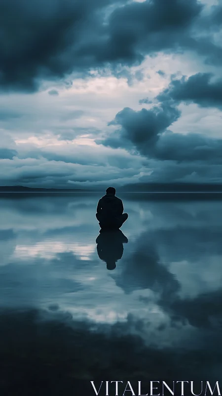 Solitary figure reflecting on still water under storm clouds.