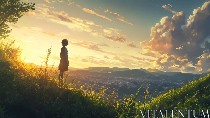 Solitary hilltop silhouette at luminous sunset horizon.