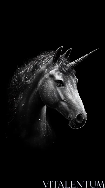 Black and white unicorn portrait on dark background.