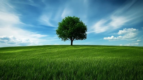 Lone Green Tree on Grassy Hill Under Dramatic Blue Sky, Realistic Style.
