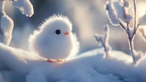 Winter Petite: Fluffy Arctic Chick in Frost-Laden Landscape.