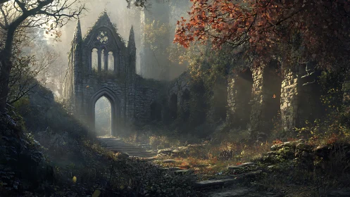 Mist-kissed abbey ruins cradled by autumn&rsquo;s quiet bloom.
