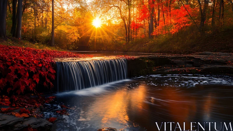 Sunlit autumn cascade kissing a river of molten amber.