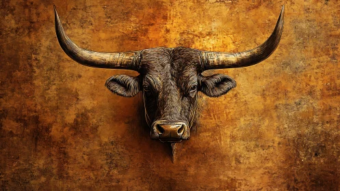 Bronze-washed longhorn gazes outward with carved patience