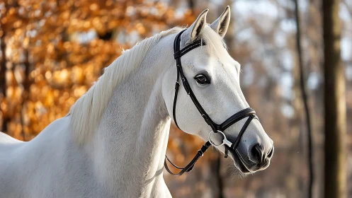 White horse in bridle against autumn woodland background.