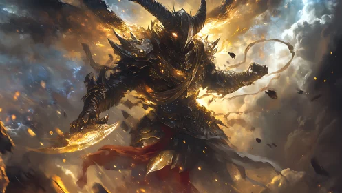 Armored demon warlord rises amid blazing celestial storm.