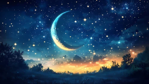 Crescent moon over glowing twilight forest skyscape.