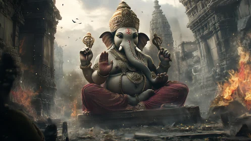 Seated elephant deity quiets storm and stone in burning ruins