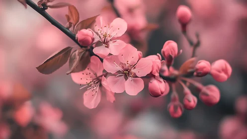 Pink cherry blossoms cluster on branch in soft focus.