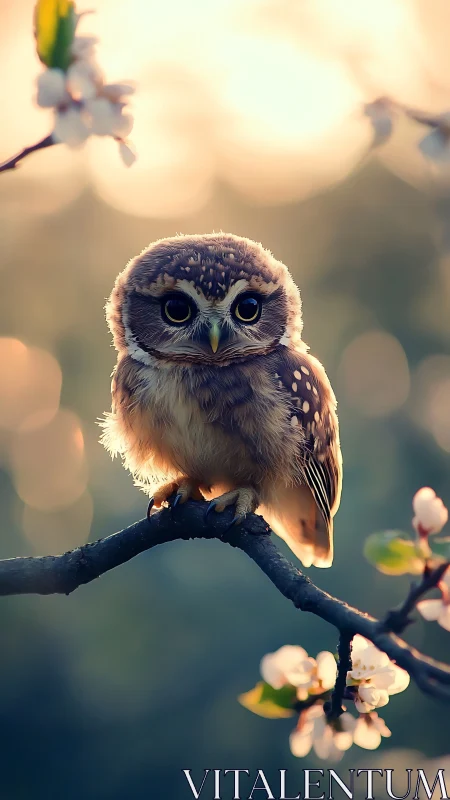 Small owl perches on blossoming branch in soft evening backlight