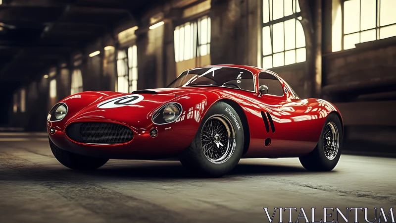 Red vintage racing coupe in dim industrial garage space.