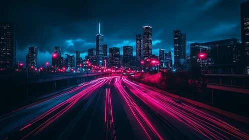 Neon traffic rivers under cyberpunk night skyline.